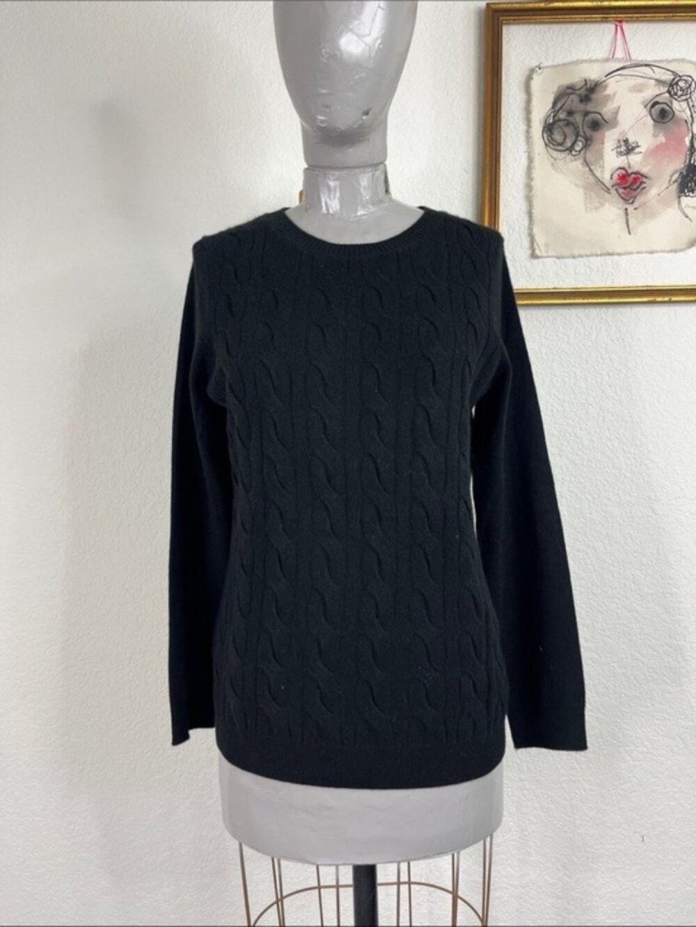 Talbots Cashmere Cable Knit Petites Noir Sweater Crew Neck
